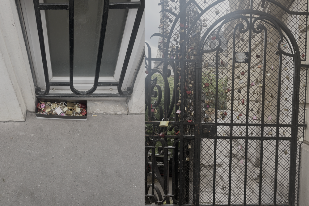 Discarded locks next to a fence full of them near Avenue de Camoens (Amelia Neath/The Independent)