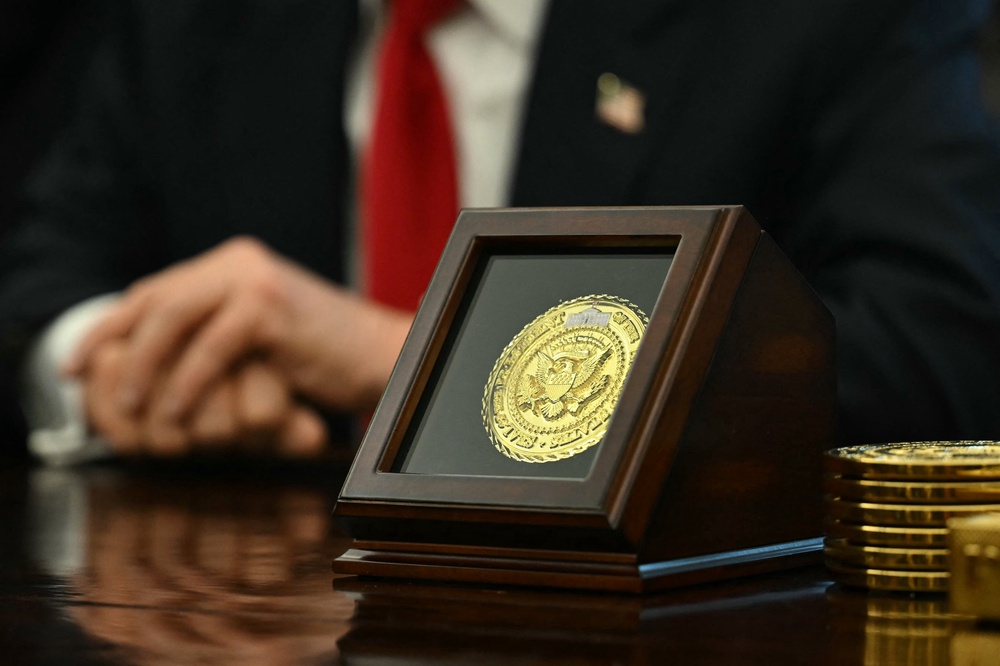 A similar presidential medallion was spotted on the Resolute Desk late last year (AFP via Getty Images)