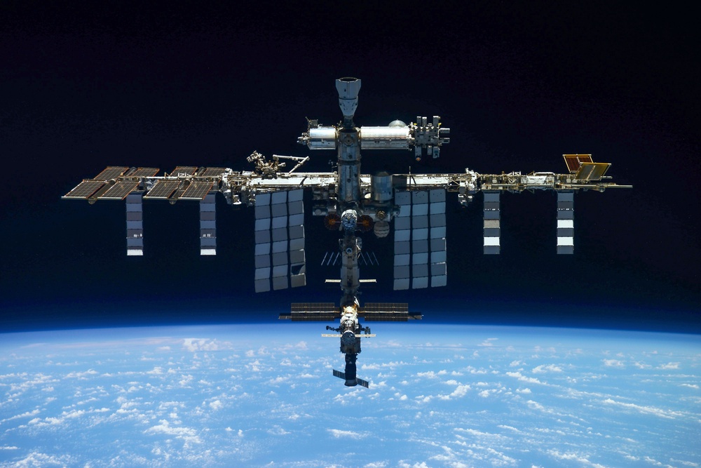 The International Space Station is seen from a Russian Soyuz MS-19 spaceship after undocking in 2022 (Roscosmos State Space Corporation/AP)
