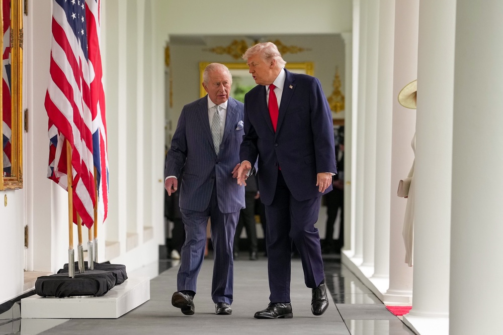 In April, Trump and King Charles III were photographed walking the West Wing colonnade, where a small medallion can be seen beneath a mirror (Getty Images)