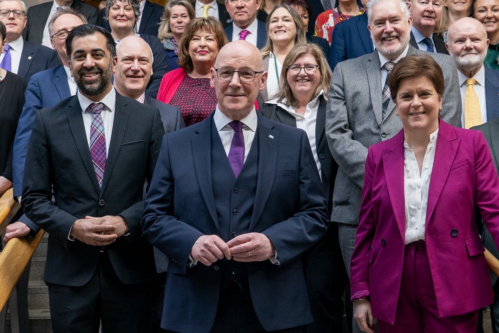 Humza Yousaf, left with his successor as first minister, John Swinney, and former first minister Nicola Sturgeon (Jane Barlow/PA) (PA Wire)