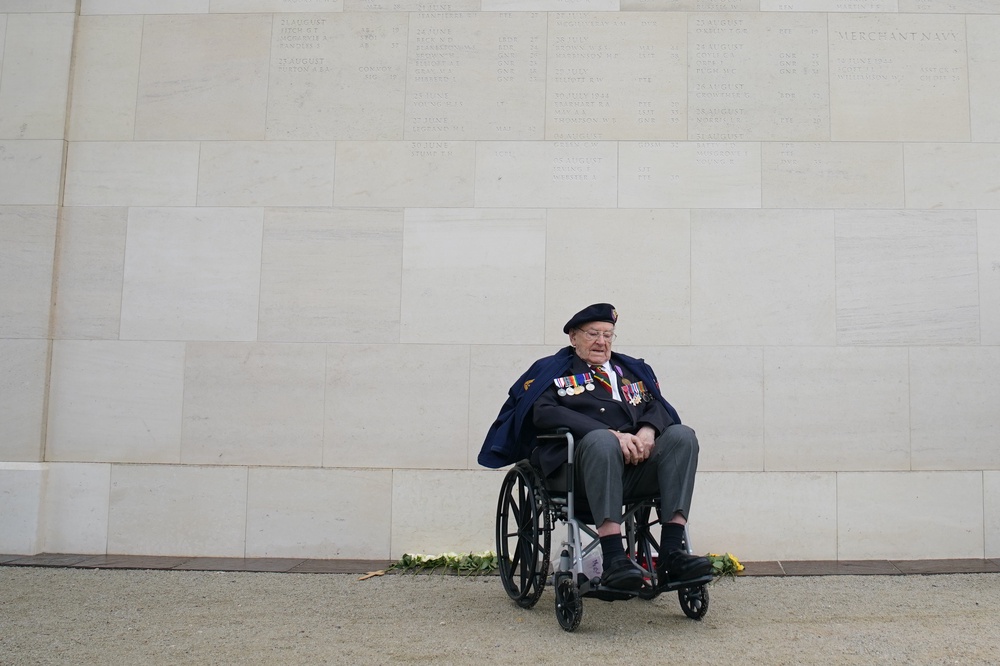 Veteran Ken Hay in front of the new memorial wall at the British Normandy Memorial in Ver-sur-Mer (Gareth Fuller/PA) (PA Wire)
