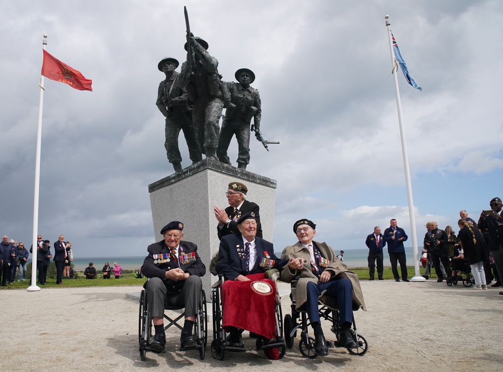 D-Day veterans Richard Brock with (front row left to right) Ken Hay, Henry Rice and Ken Benbow after a ceremony at the British Normandy Memorial in Ver-sur-Mer, France, to mark the 82nd anniversary of the D-Day landings (Gareth Fuller/PA) (PA Wire)