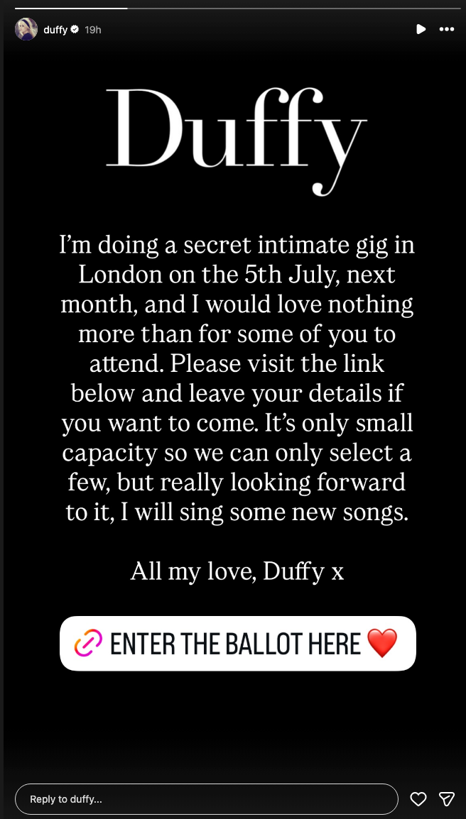Duffy announced her first concert in 15 years on Instagram (Instagram: @duffy)