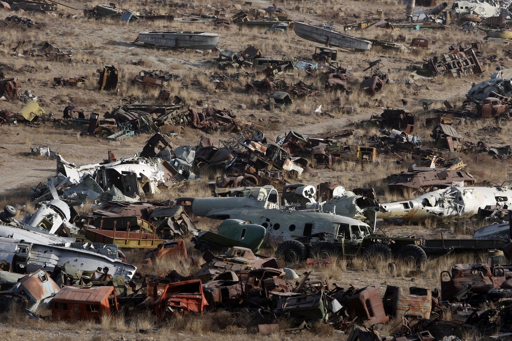 A general overview of a junkyard of Soviet armoured vehicles, planes and tanks at the Kabul Military Training Camp (AFP/Getty)