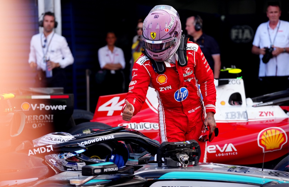 Ferrari driver Lewis Hamilton gives the thumbs up to pole sitter Mercedes’ Kimi Antonelli (David Davies/PA). (PA Wire)