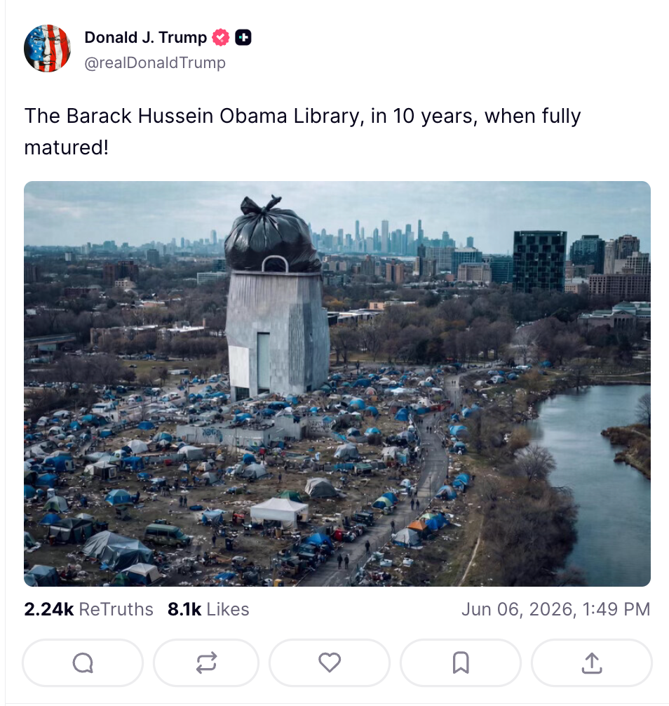 President Trump shared an AI-generated post depicting the Obama Presidential Library as deteriorated and covered in garbage on D-Day (realDonaldTrump / Truth Social)