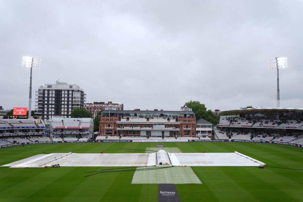 Rain covers on the pitch on day three of the first Rothesay test match at Lord’s (Ben Whitley/PA) (PA Wire)