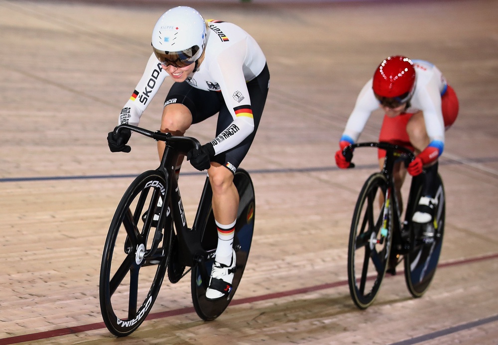 Emma Hinze of Germany competes against Anastasiia Voinova of Russia during the Women's Sprint Final during day 3 of the UCI Track Cycling World Championships Berlin at Velodrom on 28 February 2020 in Berlin, Germany (Getty)