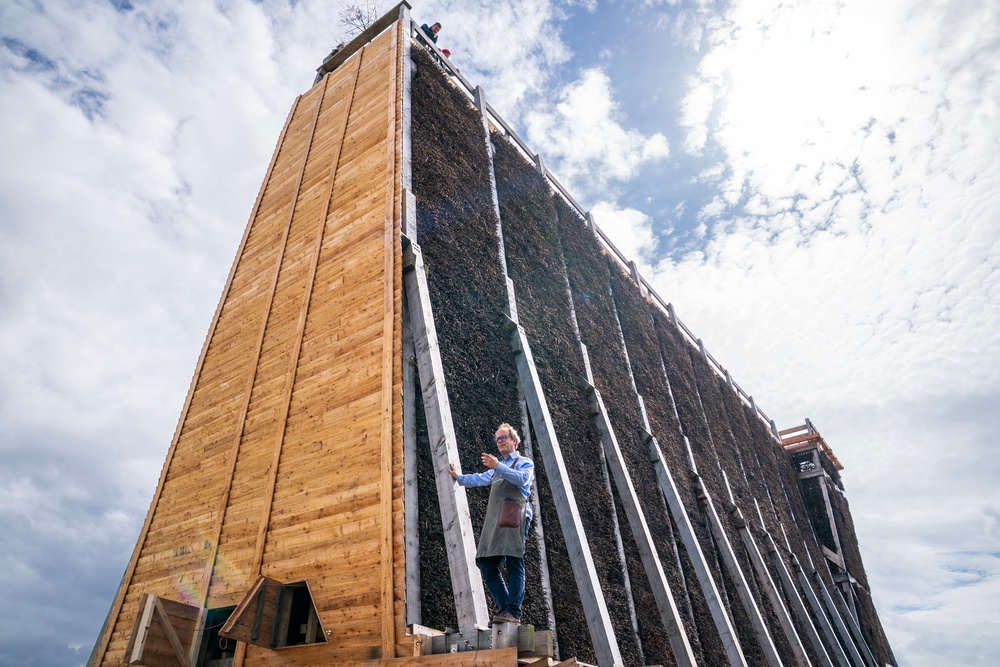 Master Salter and founder of Blackthorn Salt Gregorie Marshall alongside the new salt graduation tower on the coast at Ayr. Picture date: Friday June 5, 2026. (PA)