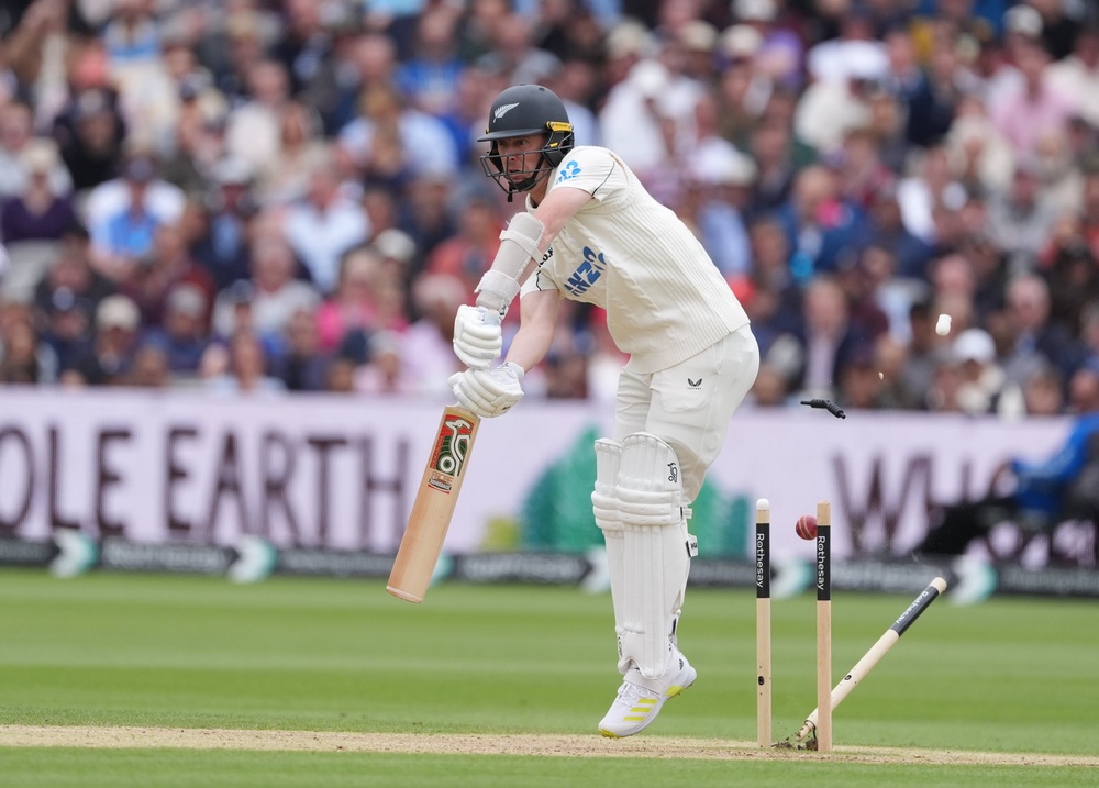 Matt Henry lost his middle stump to Gus Atkinson to seal New Zealand’s defeat (Ben Whitley/PA) (PA Wire)
