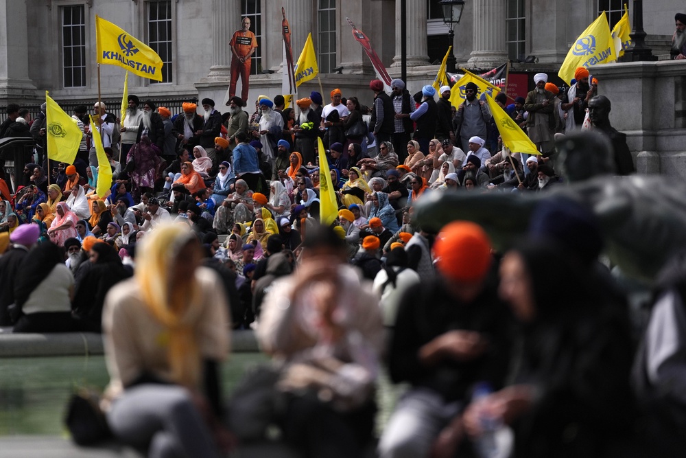 Thousands of members of the Sikh community gather at a rally to mark the 42nd anniversary of the June 1984 Sikh Genocide in Amritsar, in Trafalgar Square, London. Picture date: Sunday June 7, 2026. (PA)
