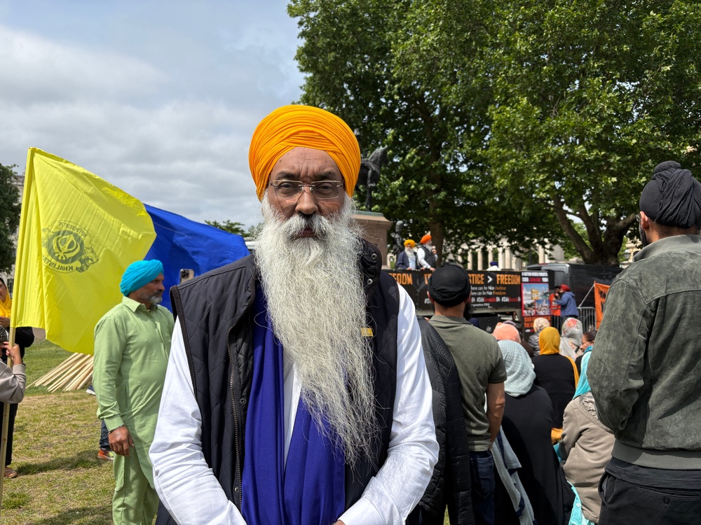 Dabinderjit Singh, chief executive for political engagement at the Sikh Federation, during a march in London (PA)