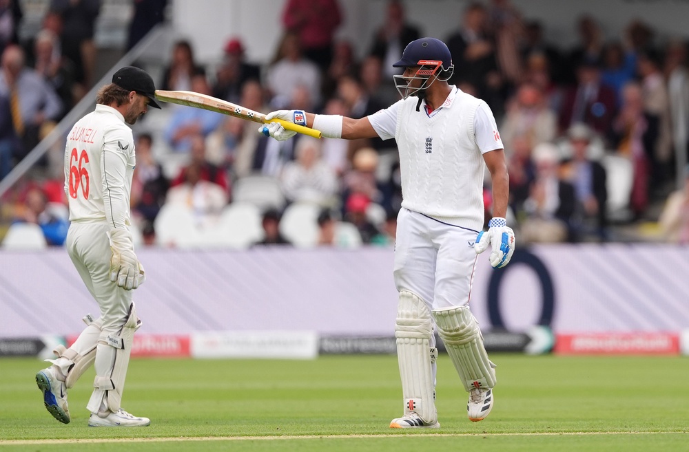England’s Emilio Gay celebrates reaching 50 runs on day two (Ben Whitley/PA) (PA Wire)