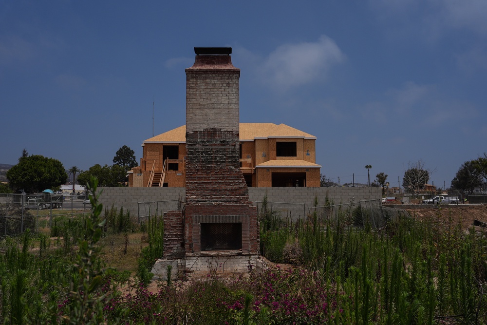 A chimney stands on a lot covered with weeds and wildflowers in front of a home under construction more than a year after the Palisades Fire (Copyright 2026 The Associated Press. All rights reserved)