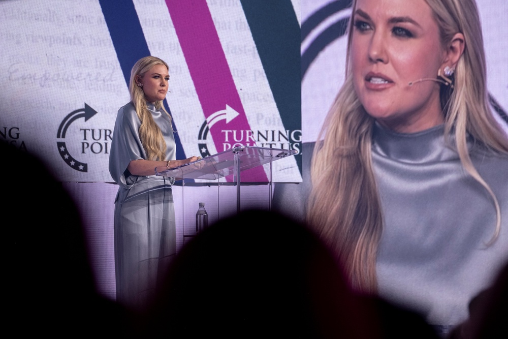Erika Kirk speaks during the Turning Point Women's Leadership Summit in San Antonio, at which she was heckled by protesters (Reuters)