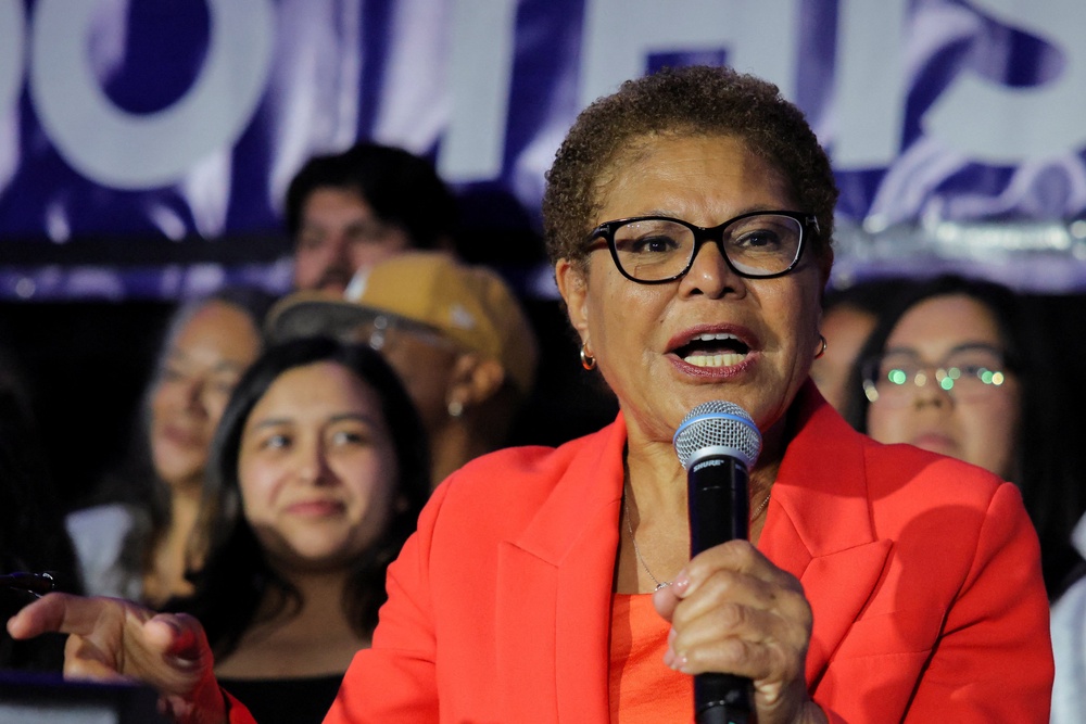 L.A. Mayor Karen Bass, seeking a second term, looks set to come out on top in the city’s primary as the vote counting continues, with fellow Democrat Nithya Raman currently in second place and set to join her in November’s run-off (Reuters)