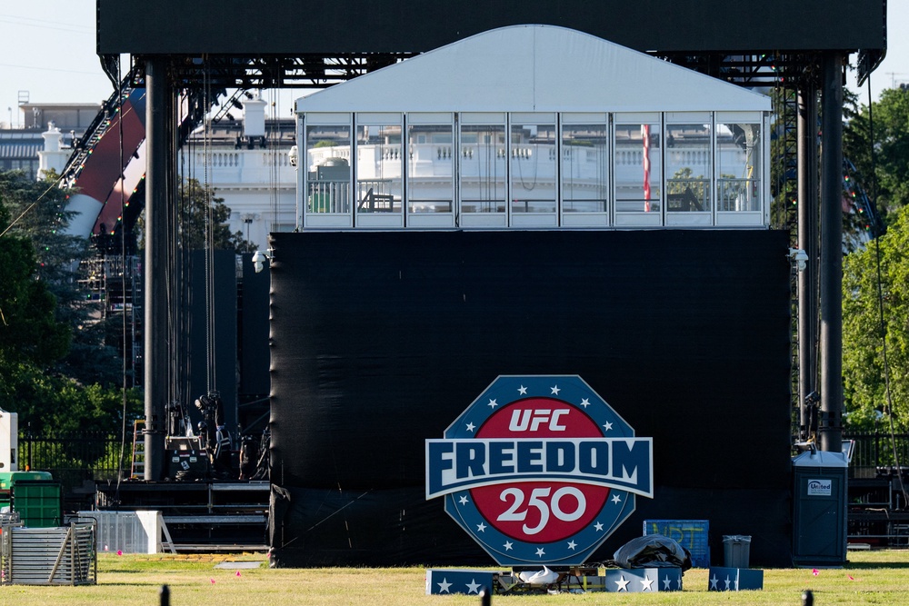 Construction of the stage and event area for the UFC fight set to take place on the South Lawn of the White House continues (Reuters)