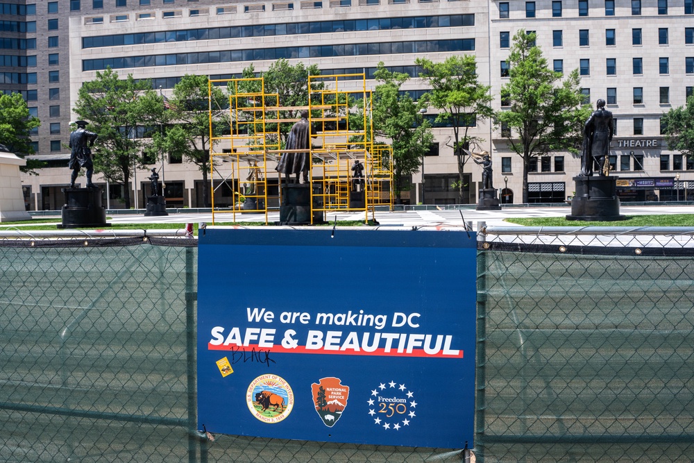 Statues are seen in Freedom Plaza during renovations on June 07, 2026 in Washington, DC (Getty)