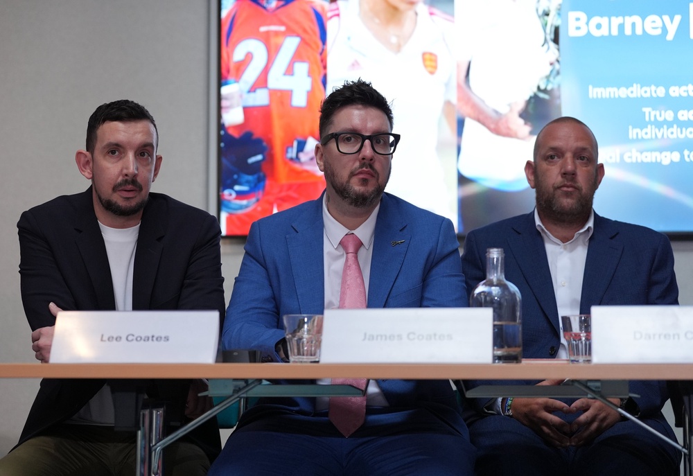 (Left to right) Lee Coates, James Coates and Darren Coates, during the press conference (Yui Mok/PA) (PA Wire)