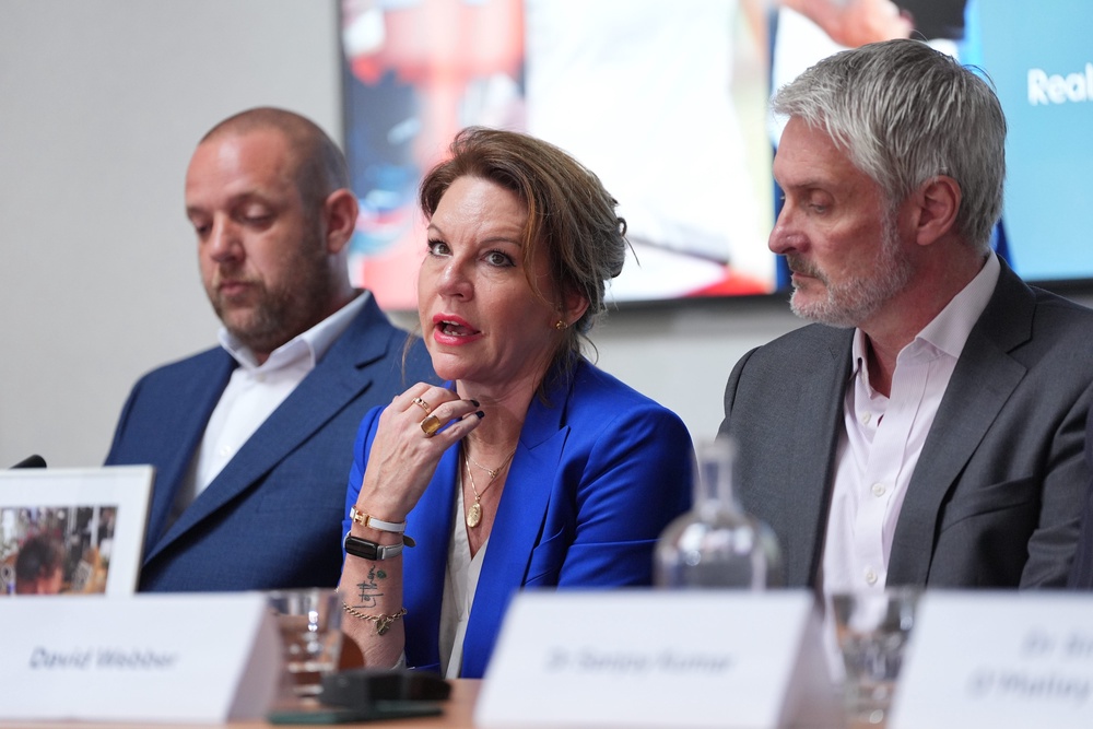 (Left to right) Darren Coates, Emma Webber and David Webber during a press conference with the families of the Nottingham attack victims (Yui Mok/PA) (PA Wire)