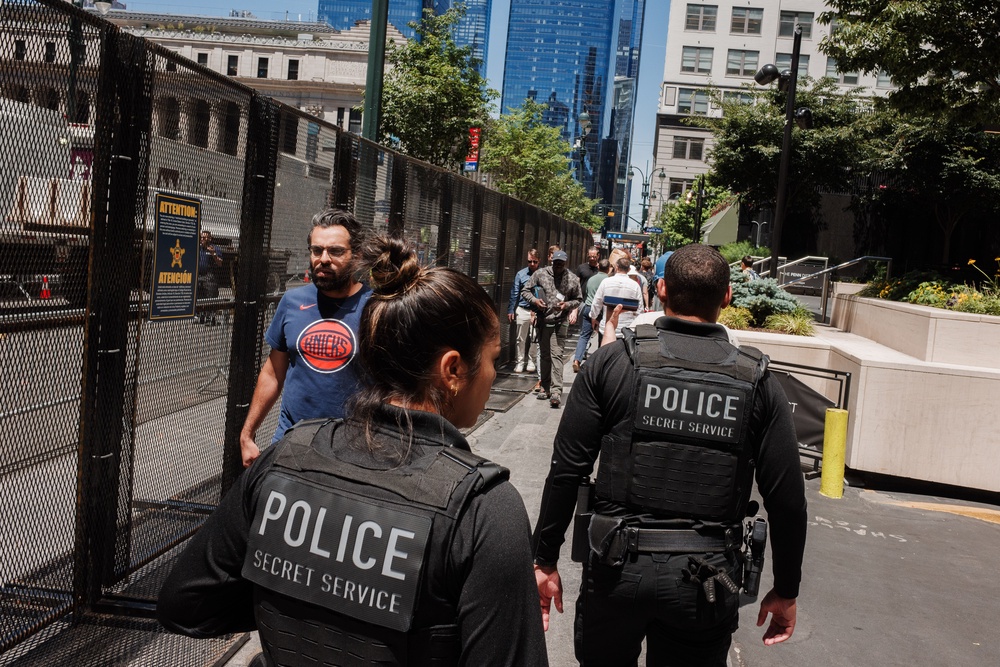 Police walk along a security fence set up near Madison Square Garden (Getty)