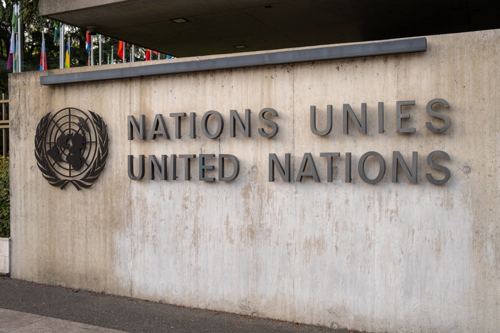 Close view of the United Nations sign on the entrance wall of the Palais des Nations (AFP/Getty)