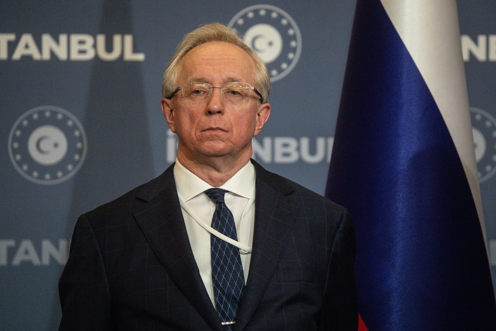 Deputy foreign minister of the Russian Federation, Galuzin Mikhail Yuryevich listens on during a press conference at Ciragan Palace in Istanbul (Getty)