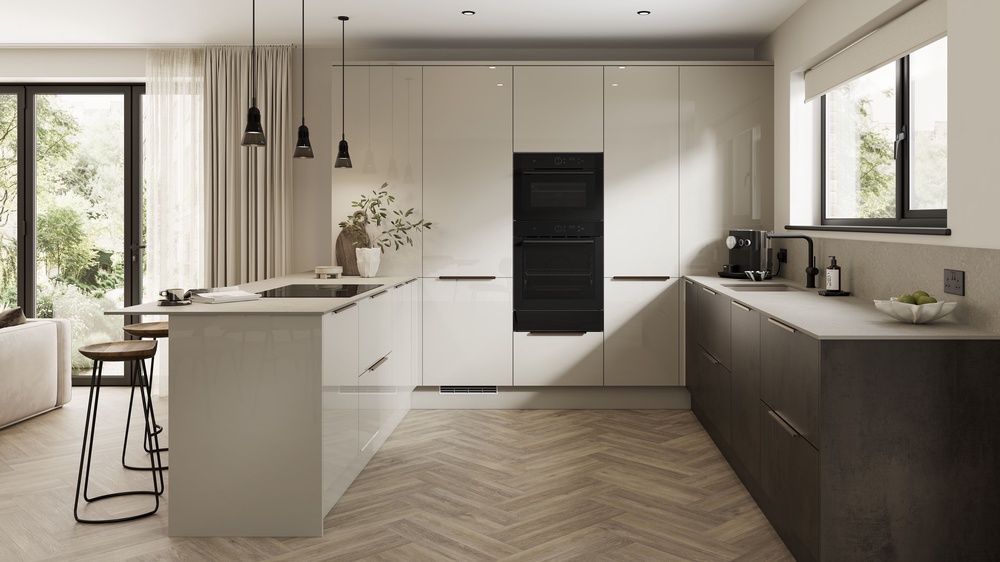 Howdens Winterton Gloss Kitchen in Sandstone and Dark Stone, POA, Howdens (Howdens/PA)