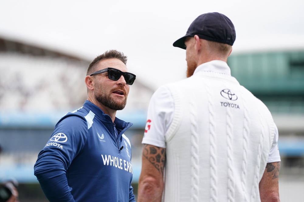 Head coach Brendon McCullum talks to Stokes (right) after the Lord’s win (Ben Whitley/PA) (PA Wire)