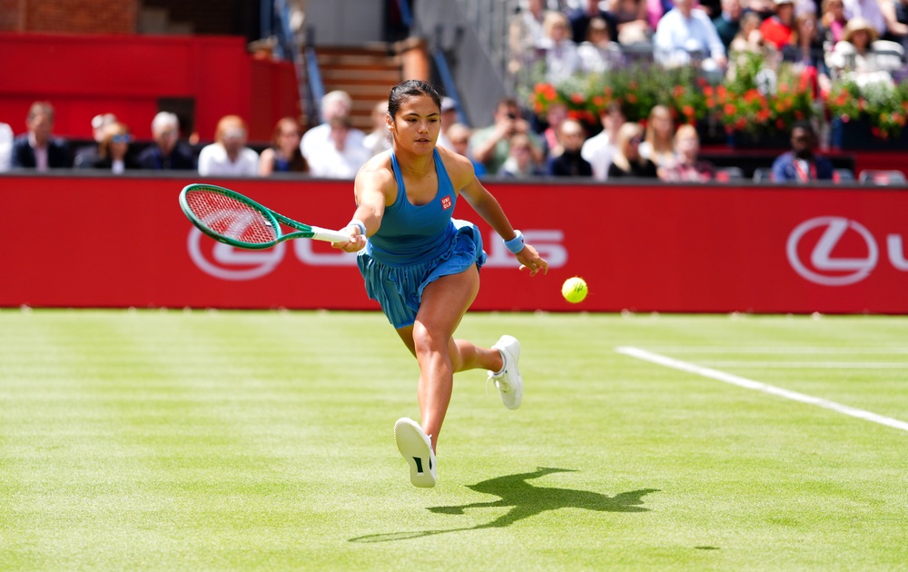 Emma Raducanu in action against Anna Blinkova on day two at Queen’s Club (Adam Davy/PA) (PA Wire)