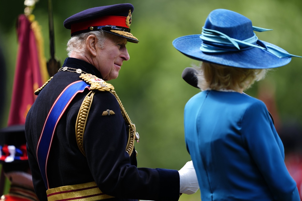 The King and Queen during a ceremony to present the Grenadier Guards with their new Colours (Jordan Pettitt/PA) (PA Wire)