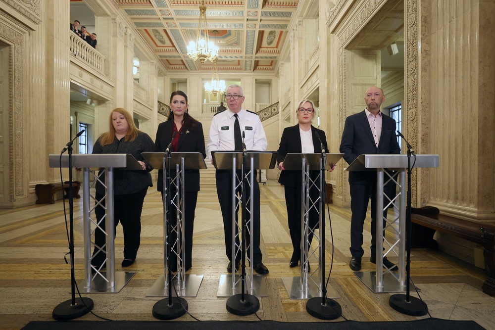 Justice Minister Naomi Long, deputy first Minister Emma Little-Pengelly, PSNI chief constable Jon Boutcher, First Minister Michelle O’Neill and chairman of the policing board Brendan Mullan at Stormont (Liam McBurney/PA) (PA Wire)