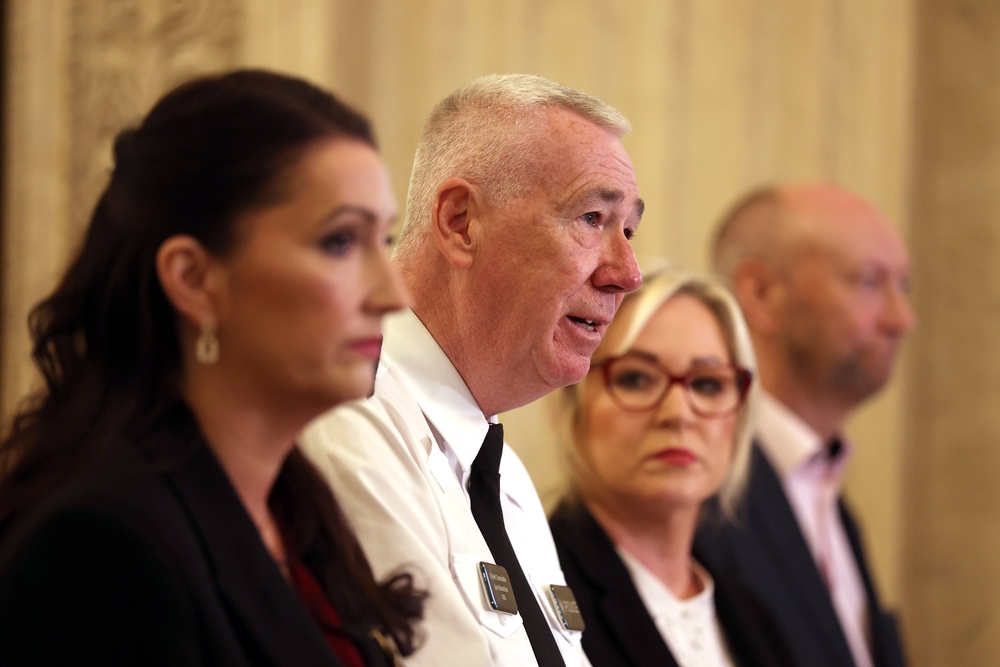 Deputy First Minister Emma Little-Pengelly, police chief Jon Boutcher, First Minister Michelle O’Neill and policing board chair Brendan Mullan speak to the media (Liam McBurney/PA) (PA Wire)