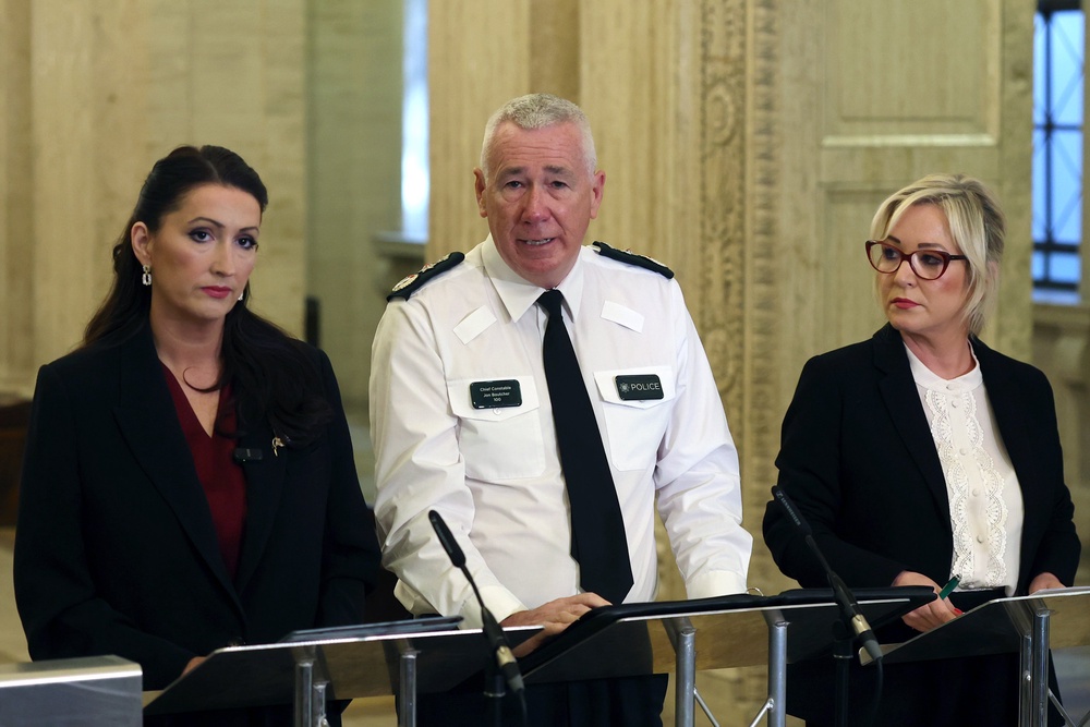 Deputy First Minister Emma Little-Pengelly, PSNI chief Constable Jon Boutcher and First Minister Michelle O’Neill spoke to the media at Parliament buildings at Stormont (Liam McBurney/PA) (PA Wire)