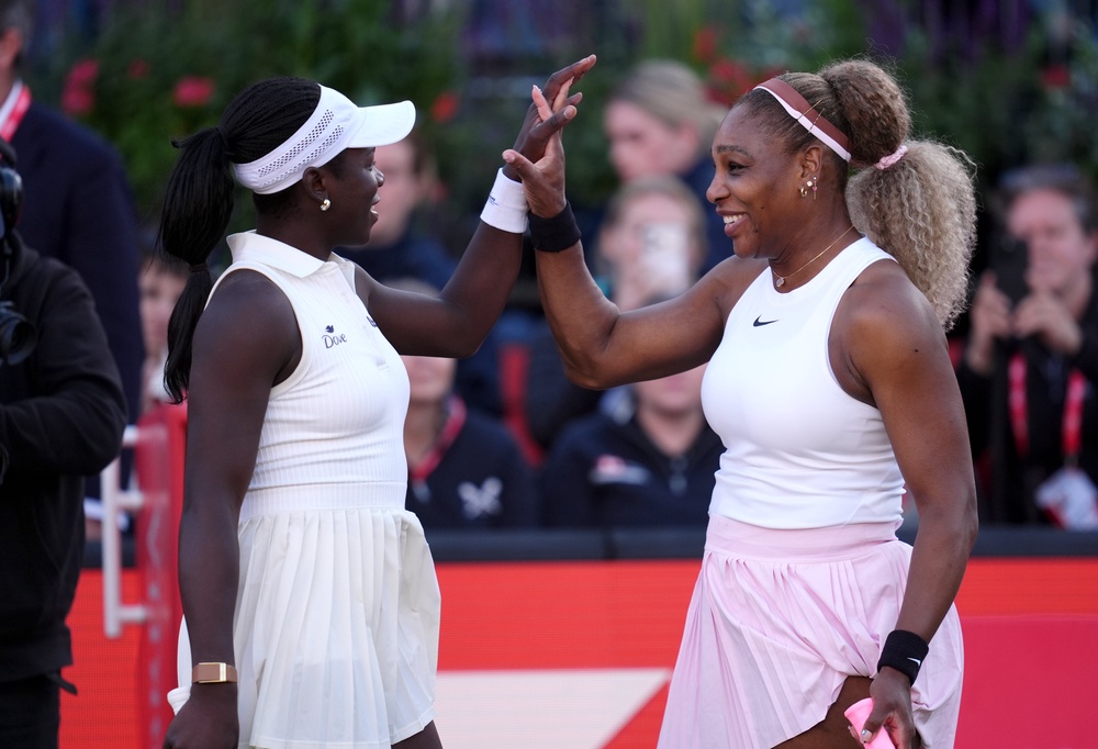 Victoria Mboko, left, and Serena Williams celebrate victory over Nicole Melichar-Martinez and Erin Routliffe (Adam Davy/PA) (PA Wire)