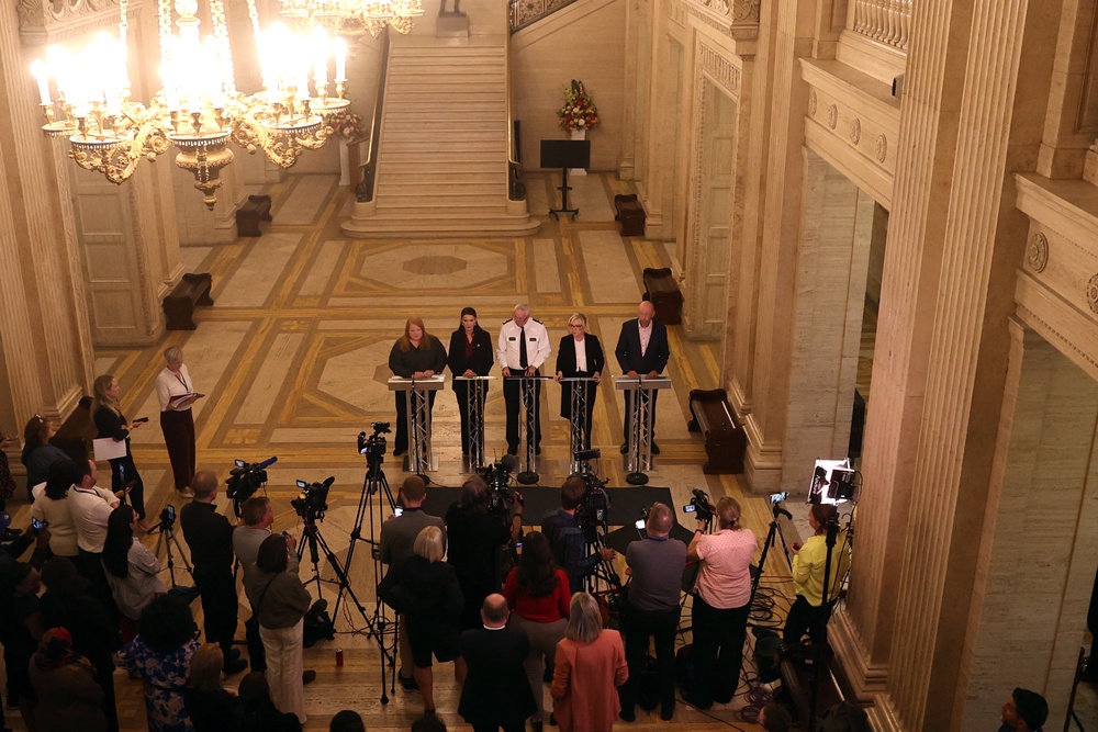 (left to right) Justice Minister Naomi Long, deputy first Minister Emma Little-Pengelly, PSNI chief Constable Jon Boutcher, First Minister Michelle O’Neill and chairman of the policing board Brendan Mullan speaking to the media (Liam McBurney/PA) (PA Wire)