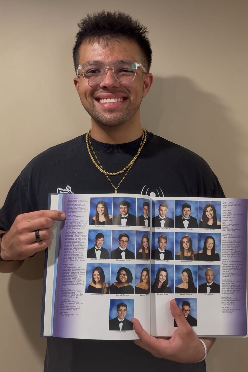 Pfeufer, pointing to his senior quote in his high school yearbook, which reads: ‘Knicks in 6. 2026 NBA Finals’ (Evan Pfeufer via AP)