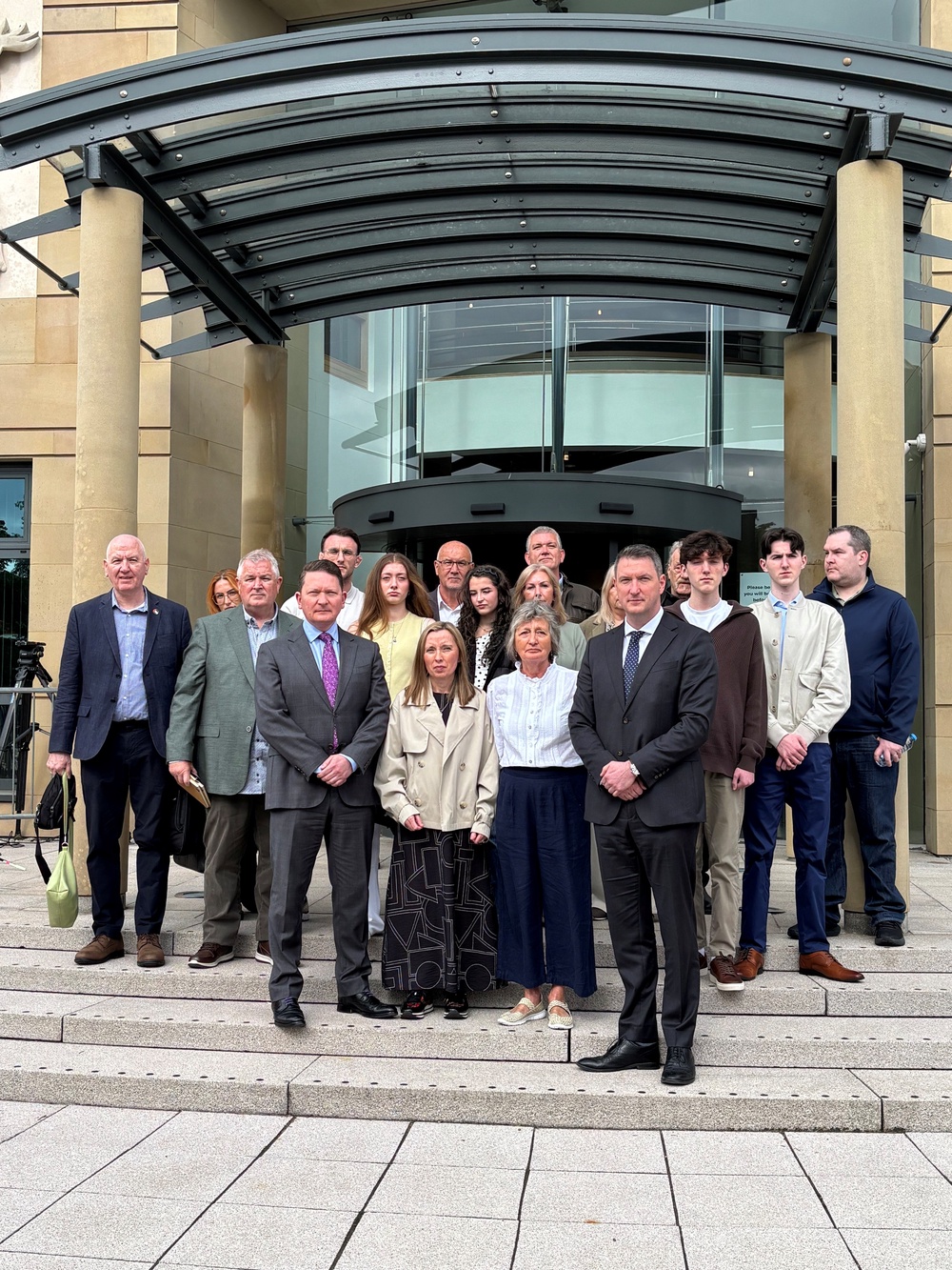 The family of murdered Belfast solicitor Pat Finucane outside Bradford Court in south Belfast (Rebecca Black/PA) (PA Wire)