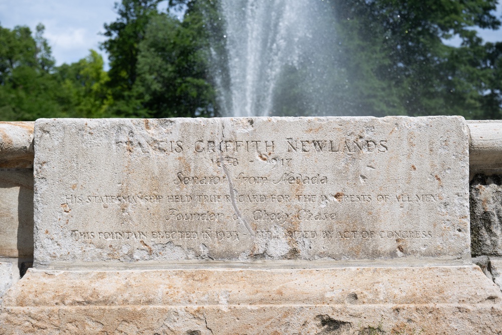 The Francis Griffith Newlands fountain at Chevy Chase Circle on the Washington, D.C., Maryland border is seen on May 13, 2026, after a nearby interpretive panel about his racist views was removed in 2025 (AFP/Getty)
