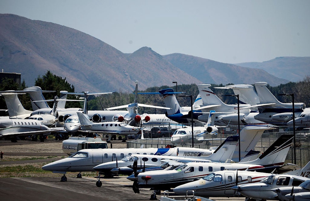 Private jets parked at the Friedman Memorial Airport during the Allen & Company Sun Valley Conference on July 10, 2025 in Idaho. Every year, some of the world's wealthiest and most powerful figures from the media, finance, technology, and political spheres converge at the resort (Getty)