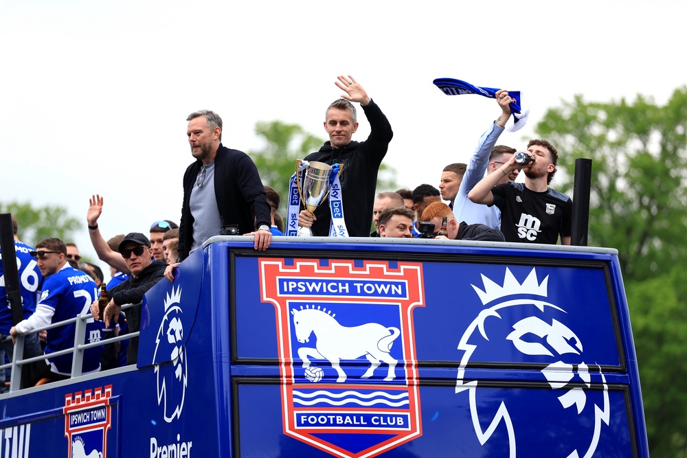 Ipswich Town manager Kieran McKenna during a victory parade in Ipswich (PA)