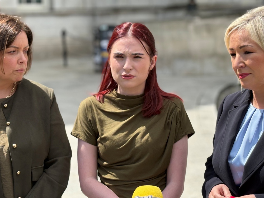 (left to right) Sinn Féin MLA Deirdre Hargey, Sinn Féin Belfast Lord Mayor Róis-Máire Donnelly, and Sinn Féin vice president and Stormont First Minister Michelle O’Neill speaking outside Belfast City Hall (David Young/PA). (PA Wire)