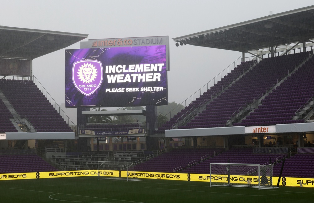 A weather warning at the stadium hosting England's game with Costa Rica (Getty)