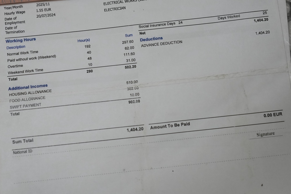A view of the salary slip of a former Caddell company worker connected to the construction site of the new U.S. Consulate in Milan (Copyright 2026 The Associated Press. All rights reserved)