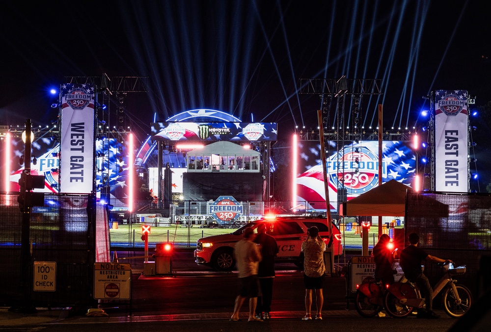 People stop to look and take pictures as stage lights are tested for the upcoming Ultimate Fighting Championship Freedom 250 event on the South Lawn of the White House (Getty)