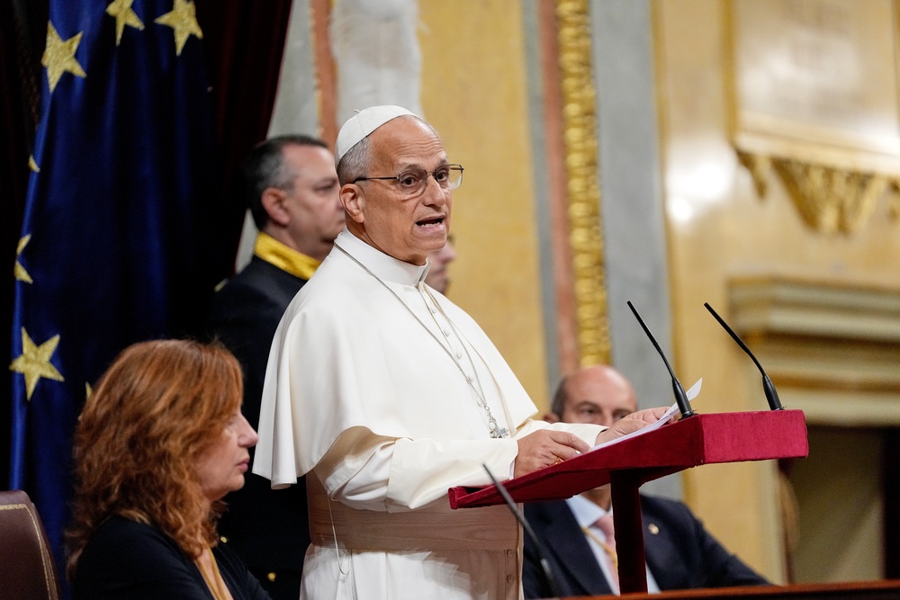 Pope Leo XIV delivers his speech as he meets with members of the Spanish Parliament at the Congress of Deputies, in Madrid (Copyright 2026 The Associated Press. All rights reserved)