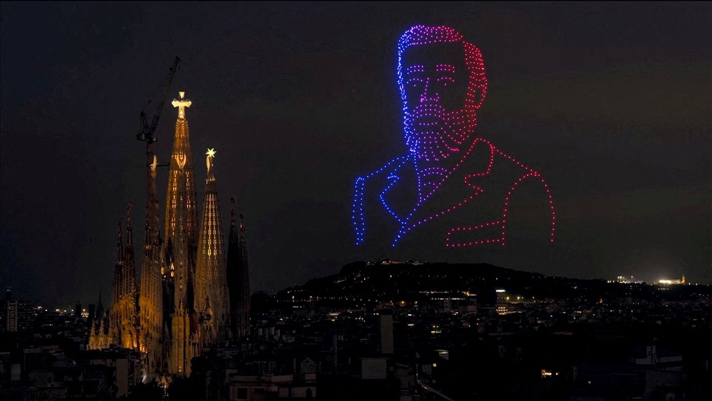 Drones form the face of Catalan architect Antoni Gaudi during the blessing and inauguration of the Tower of Jesus Christ (Reuters)
