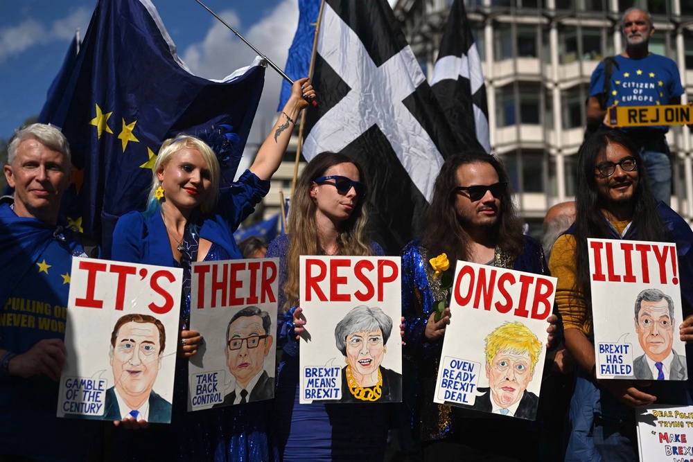An anti-Brexit protest outside Westminster in 2023 (AFP/Getty)