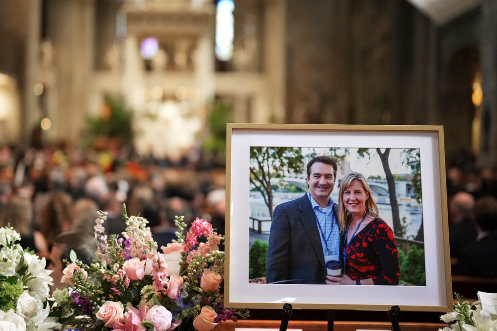 A photo of Mark and Melissa Hortman is displayed during their funeral on June 28, 2025 (Minnesota Star Tribune)